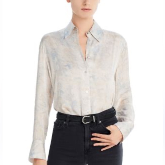 Vince Tops - Vince Marble-Print Button-Down Shirt in Cream and Pale Blue